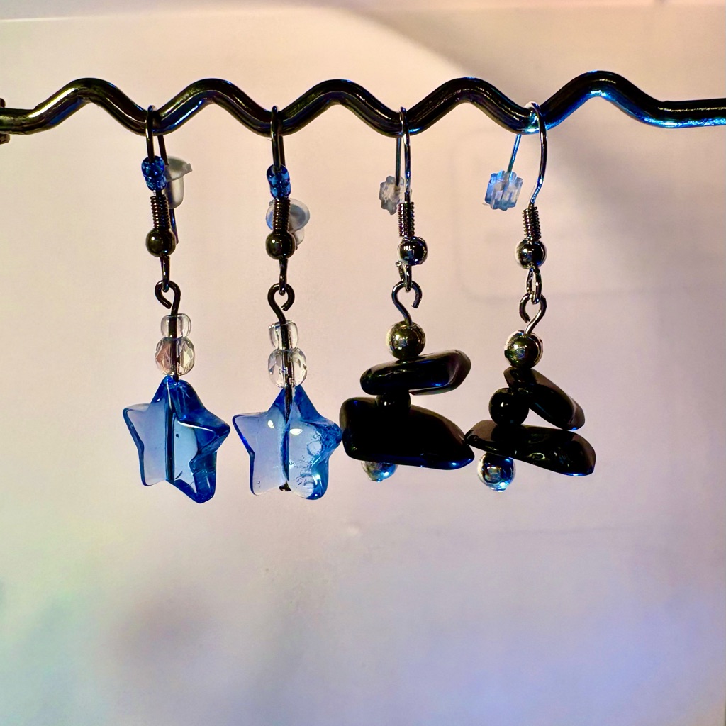 Earrings Pierced Bundle Handcrafted Unique Black Glass W/Silver & Blue Hearts